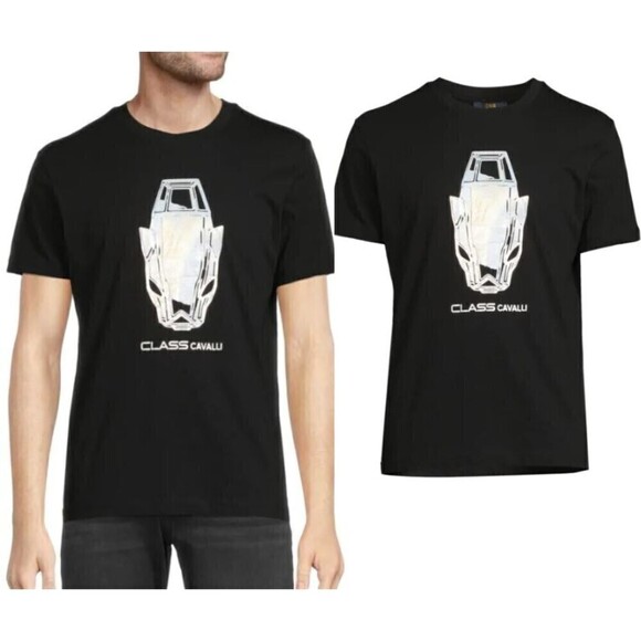 Cavalli Class Black Men Size XL Graphic Cotton Crewneck Short Sleeve Tee Shirt - Picture 3 of 7